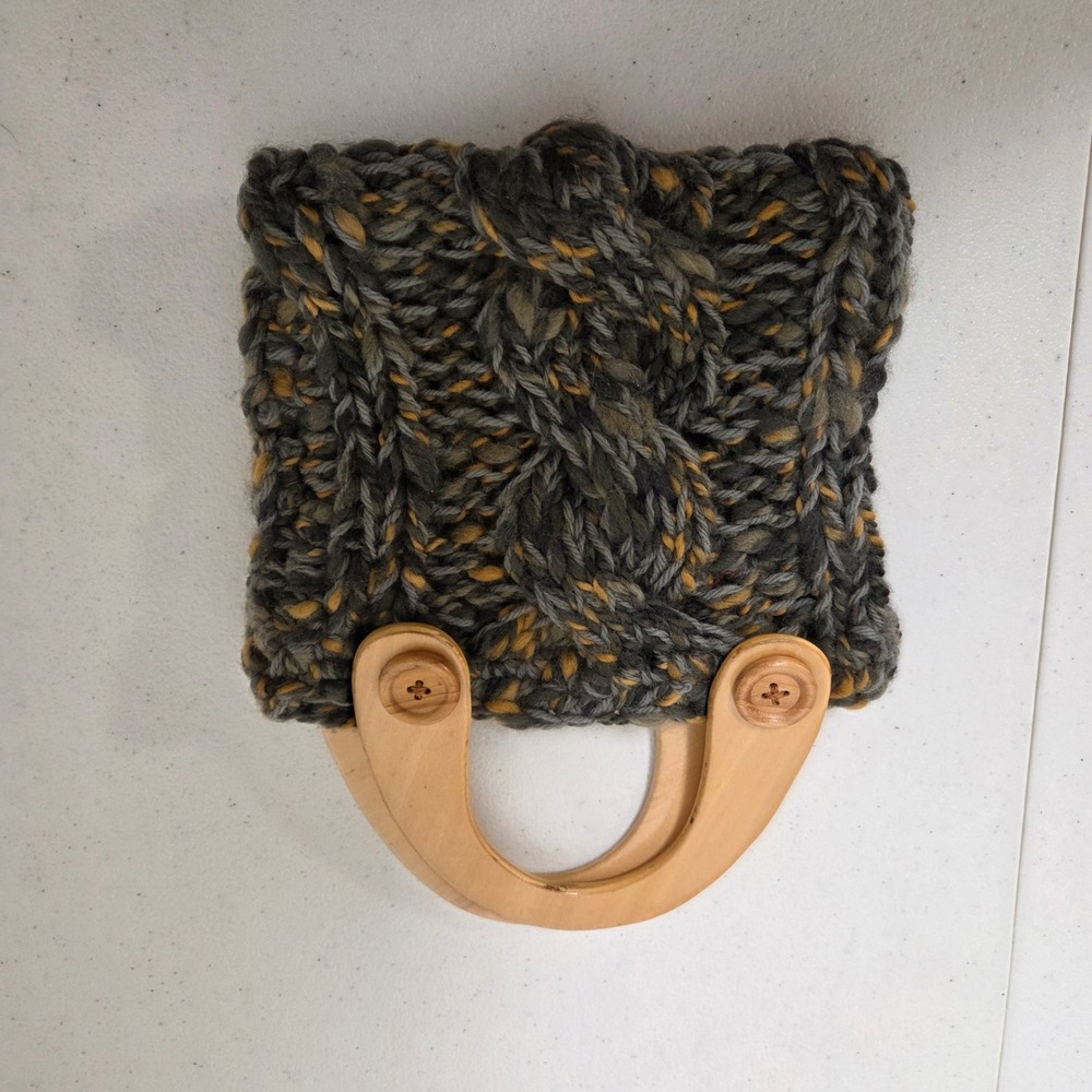 Chunky Cable Knit Mini Bag Gray Gold Wood Top Handle Boho Tote